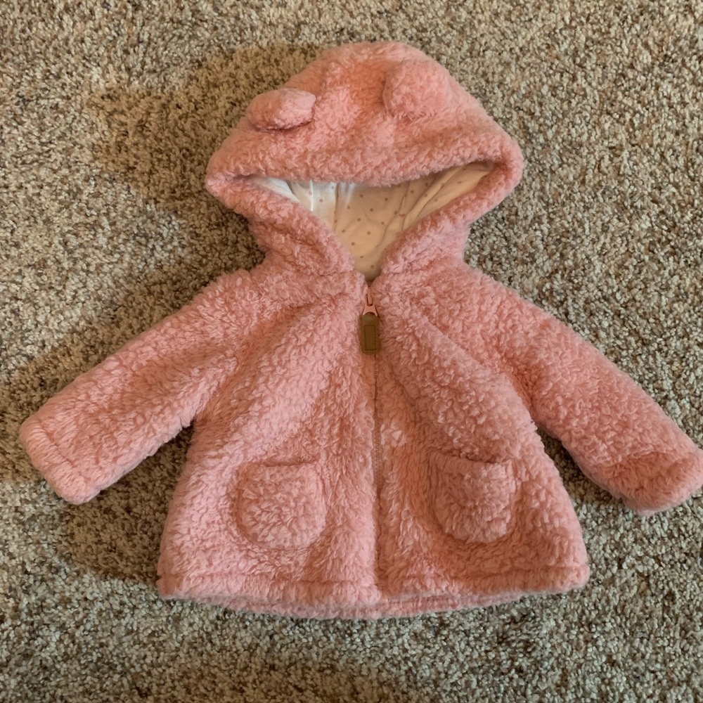 Pink fuzzy Carters jacket, size newborn
